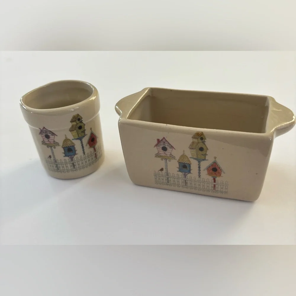 VTG Shaker & Thangs Pottery Birdhouse Collection Toothpick Crock Sugar Pack Tub